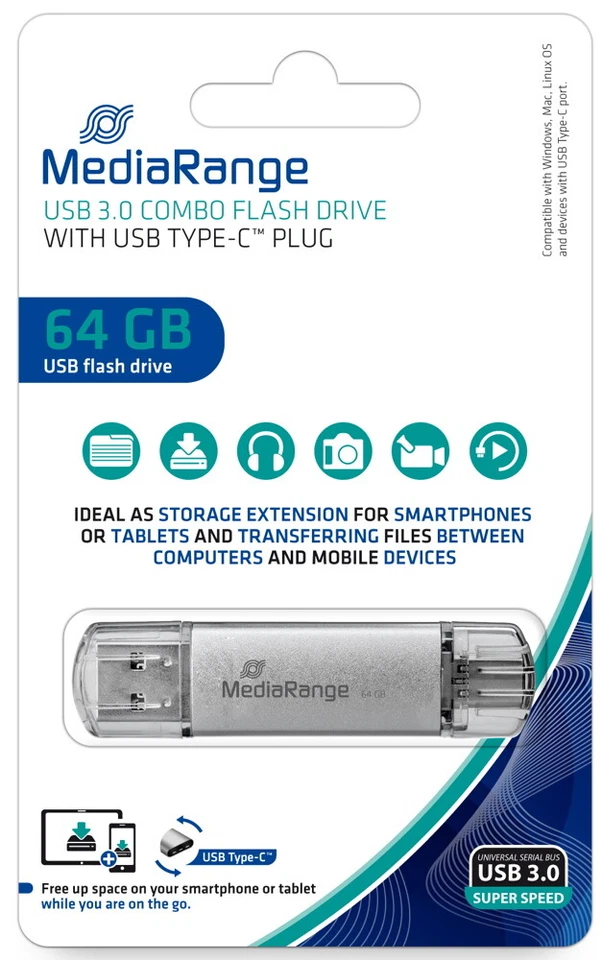 Mediarange USB Stick 64GB Speicherstick Combo silber Typ C USB 3.0 - Bild 1 von 1