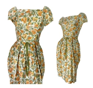 Vintage 1960s Dress Silk Bubble Skirt Gold and Green Floral Rose Print Deadstock - Picture 1 of 10