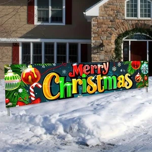 78 x 17 Inch Merry Christmas Fence Banner with Ornaments and Candy Cane Decor - Picture 1 of 6