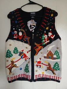 Vintage Santa And His Reindeers Embellished Zip Up Sweater Vest Womens Sz Small - Picture 1 of 11