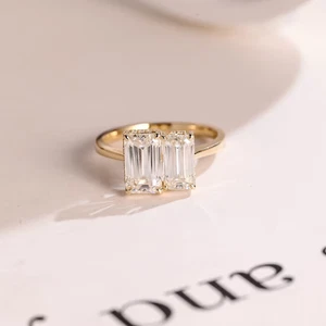 4 TCW Smaragdschliff Toi et Moi echter Moissanit Ehering massiv 14k Gelbgold - Bild 1 von 8