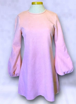 Vintage Cynthia Rowley Retro Pink Faux Suede Bubble Long Sleeve 60’s Mod Dress - Image 1 of 4