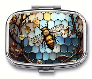Bumble Bee 2 Compartment Rectangular Metal Medicine Travel Pill Case - Foto 1 di 4