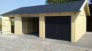 Doppelgarage 9 m x 6 m mit Abstellraum Holzgarage Fertiggarage Schwingtore Holz - Bild 1 von 10