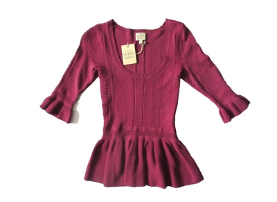NWT Torn by Ronny Kobo KIMBERLY in Mauve Pointelle Textured Knit Peplum Top L - Image 1 of 4