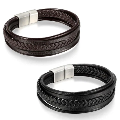 Stainless Steel Multi-layer Black Brown Braided Leather Bangle Bracelet Magnetic - Image 1 of 4