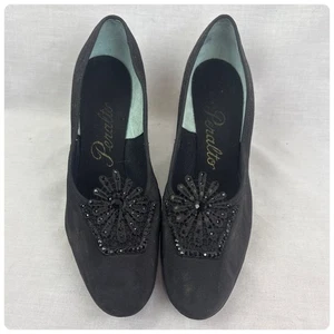Vintage 1950s Black Glam Witchy Satin Rhinestone & Lace Embellished Heels 8.5-9 - Picture 1 of 6