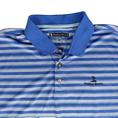 Camisa polo de golf Pebble Beach para hombre XL azul a rayas PGA rendimiento tela elástica Foto 1 de 4