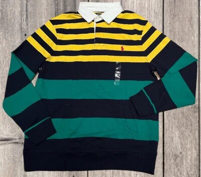 Polo Ralph Lauren Mens Iconic Green Navy Striped Cotton Rugby Shirt Size Large - Image 1 of 4
