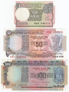 JUEGO INDIA DE 3 (1+50+100 RUPIAS), EDICIÓN ANTIGUA, AÑO ALEATORIO, UNC - Imagen 1 de 2