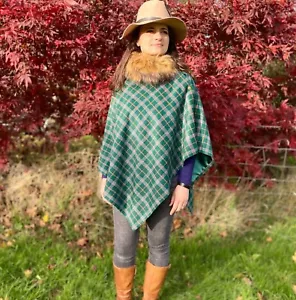466. Handmade Green Orange check tweed Cape Poncho - Picture 1 of 11