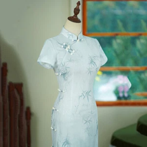 Women Retro Chinese Cheongsam Bamboo Leaf Printed Qipao Dress Slim Sexy Elegant - Picture 1 of 7