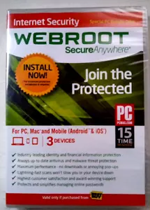 Webroot Secure Anywhere Internet Security 3 Devices Brand New Sealed - Picture 1 of 5