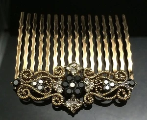 Art Deco Black Crystal Hair Comb Clip Pin Gold Antique Formal Wedding Diamante - Picture 1 of 6