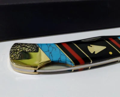 TURQOUISE LOCKBACK HUNTING POCKET KNIFE W DISPLAY CASE NICKEL SILVER ARROWHEAD ! - Image 1 of 4