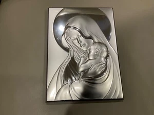 Silver Madonna and Child Plaque 925 Sterling silver over wood. 8 1/2” x 6 1/2” - Picture 1 of 7