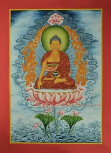 Gold Detailed Shakyamuni Buddha Cotton Canvas Newari Thangka Scroll Painting - Picture 1 of 10