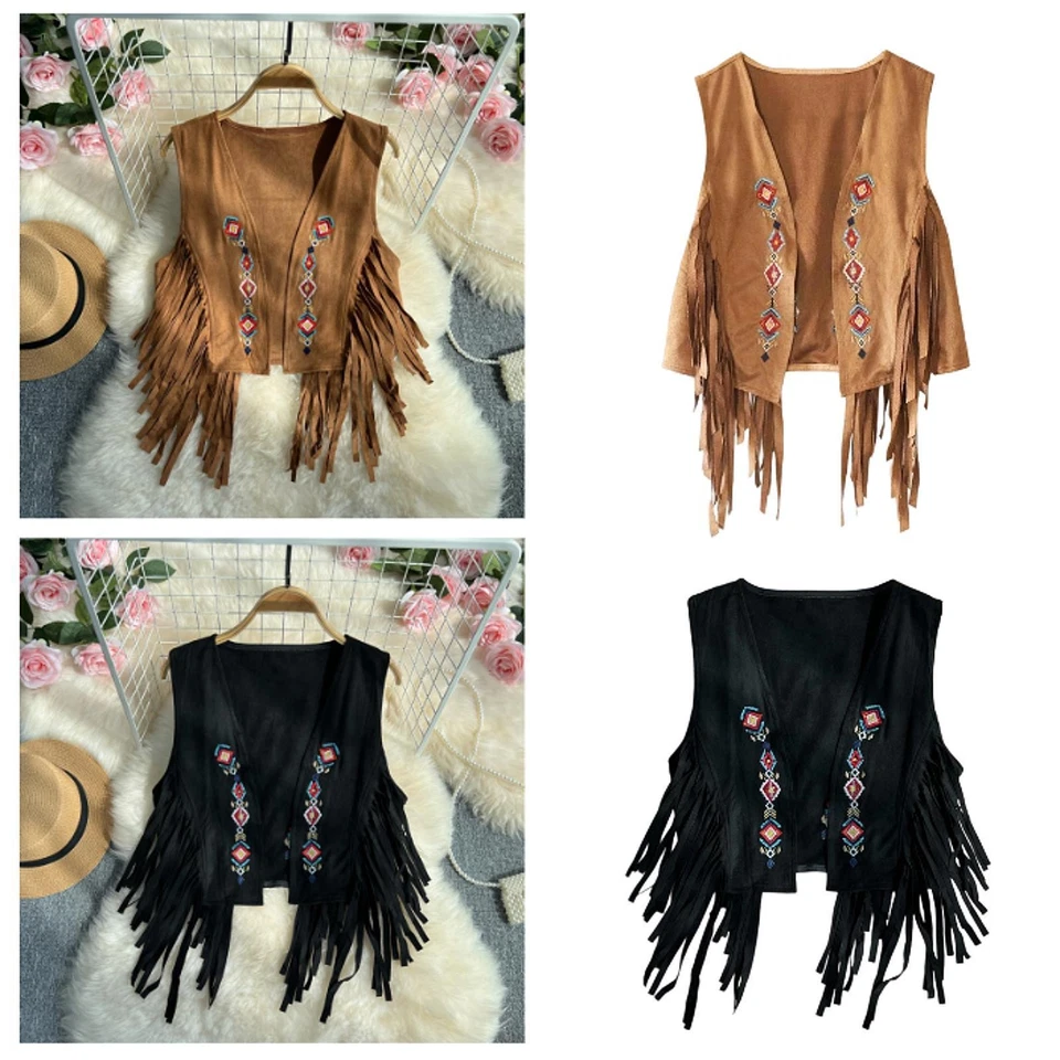 70S Hippie Suede Fringe Jacket Women Fringe Vest for Party Casual Hiking Home - Image 1 of 1