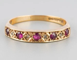 9ct Vintage Yellow Gold Ruby & Diamond Eternity 4mm Band Ring Size R Hallmarked - Picture 1 of 11