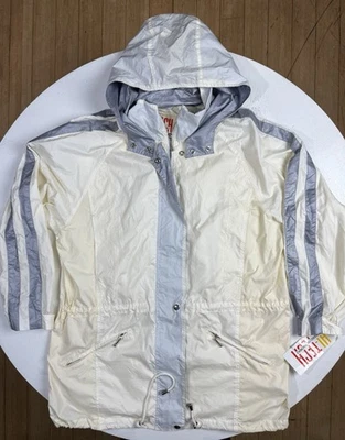 Chaqueta de lluvia Brandon Thomas Hi-Tech para mujer talla mediana cremallera completa con capucha marfil nueva M Foto 1 de 4