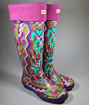 Hunter Hoxton Tall Geometric Pattern Multicolour Wellington Boots Socks UK 7 - Image 1 of 4
