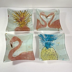 Flamingos & Pineapples Square Glass 5" Dish Trinket Bowls Plates 2 Each By Prima - Picture 1 of 11