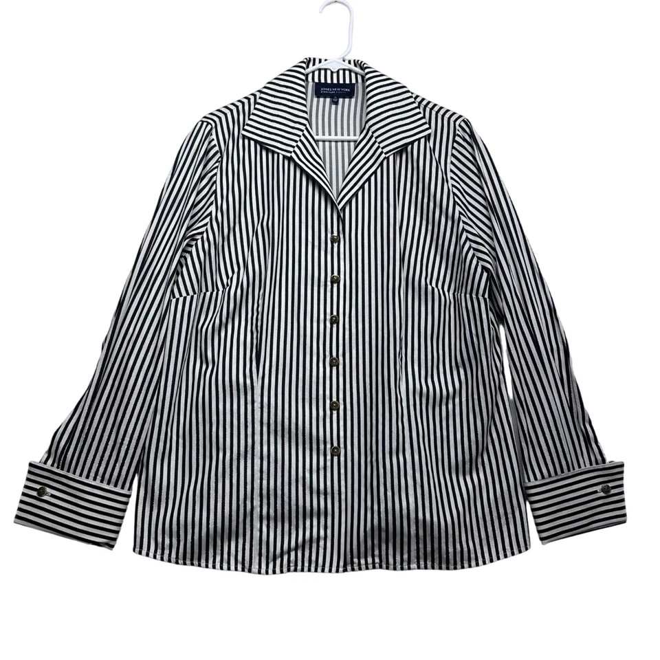 Jones New York Mujer Negro Blanco Rayas Popelín Manga Larga Abotonada Talla 1X Foto 1 de 4