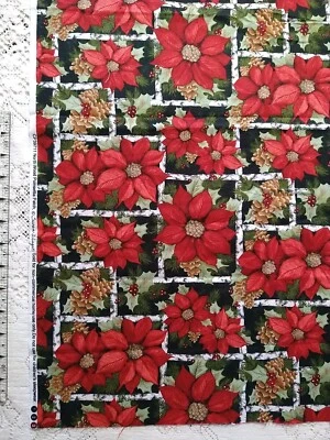 "North Wood Poinsettia Patch" Fabric Susan Winget Christmas Pine Holly 13x44" - Image 1 of 3