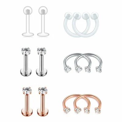 12 PIEZAS Labret Monroe Labio Circonita cúbica Nariz Tachuelas Herradura Oreja Cartílago Hélice Piercing Foto 1 de 4