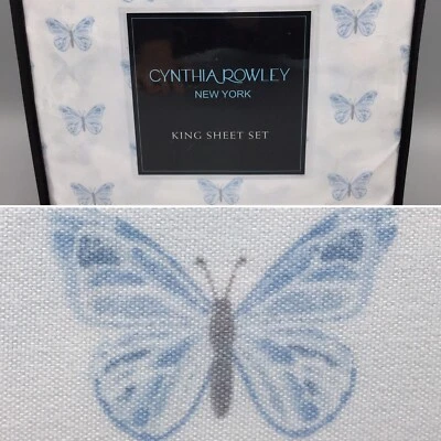 Conjunto de lençóis 4 peças Cynthia Rowley borboleta delicada KING azul cinza 17" colchão profundo - Imagem 1 de 4