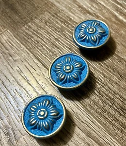 Drawer Pulls (3) Blue Chic Brass Raised Florette Knob - Picture 1 of 5