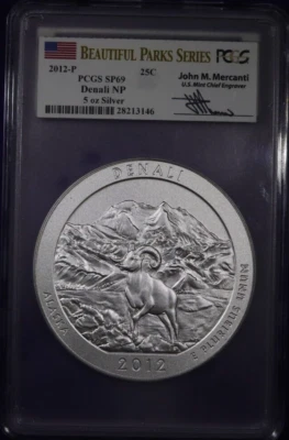2012-P 5oz 25c Silver Denali NP - PCGS MS69 ATB John Mercanti Signed Coin. - Image 1 of 4