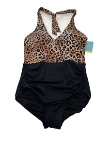 Bal Harbour Swim Animal Print One Piece Halter Swimsuit Tummy Control Size 12 - Picture 1 of 12