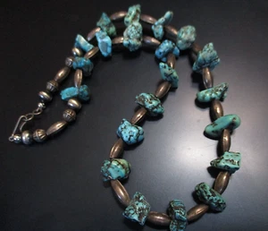 Vintage Native American Turquoise Nuggets with Sterling Silver Beads Necklace - Picture 1 of 12