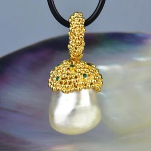 Original South Sea Pearl Pendant, Oro Vermeil Plata de Ley Y Esmeralda 12.90G - Imagen 1 de 13