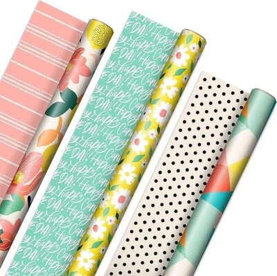 Hallmark Reversible Wrapping Paper 3 Rolls Floral Lemons Bright Spring 75 SqFt - Image 1 of 2