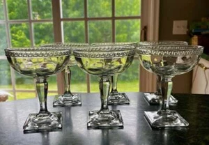 (6) US GLASS SHERATON~SHERBETS 4-5/8"~GLASSES~GREEK KEY~SQUARE BASE~OPTIC~EXC - Picture 1 of 6