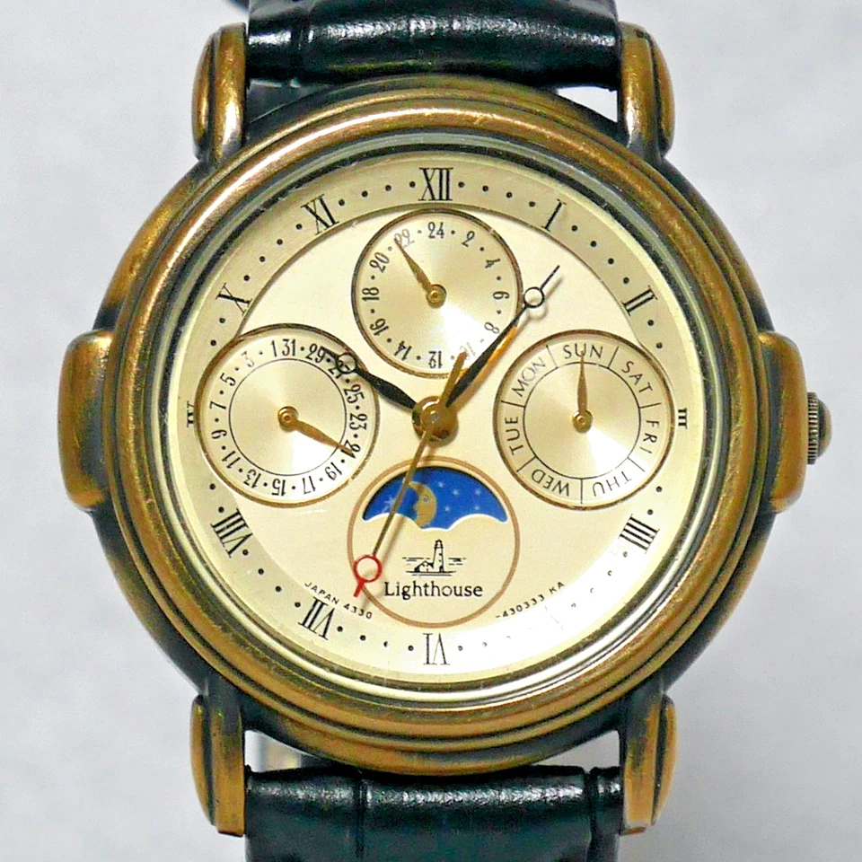 CITIZEN Lighthouse 4330 1989 Cream Sun & Moon Triple Calendar Roman index Japan - image 1 of 4