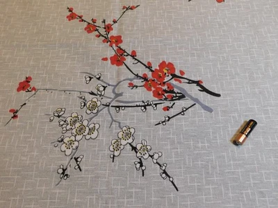 VTG FABRIC 2 3/8 yards CHERRY BLOSSOM BRANCH GRAY W GEOMETRIC MOD MCM UPHOLSTERY - Image 1 of 4