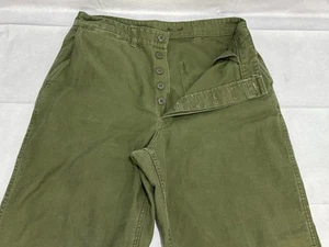 Vintage Military P58 P56 USMC Sateen Trousers Pants Twill 1950s 32 Waist Olive - Picture 1 of 13