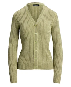 Nuevo con etiquetas Cárdigan Lauren Ralph Lauren Para Mujer Mezcla de Lino Metálico Punto Acanalado Grande L - Imagen 1 de 4