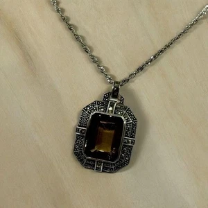 Vintage Sterling Silver Marcasite Smoky Quartz Pendant Necklace 30” Italy .925 - Picture 1 of 10