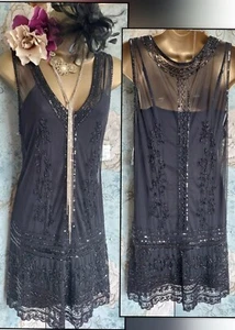 New Ann Summers Black Beaded 20s Deco Flapper Gatsby Evening lace Mini dress 12 - Picture 1 of 14