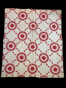 Antiker rot-weiß berührender Sterne handgenähter Quilt aus dem 19. Jahrhundert - Bild 1 von 17
