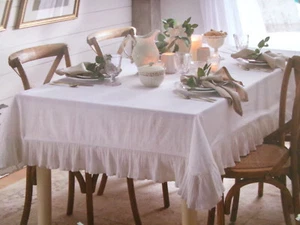 Shabby Chic Off White Gauze Ruffle Tablecloth 60x84 Cotton Farmhouse Cottage NEW - Picture 1 of 5