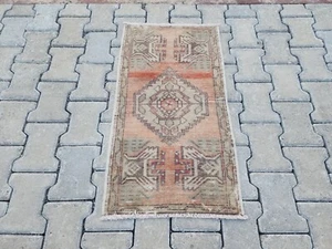 Mini Turkish Rug, 1.6x2.9 ft, Terracotta and Green, Geometric Tribal Wool - Picture 1 of 10