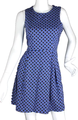 {LOUCHE} Dress Tea Flare Blue Black Beige Pattern Cotton Stretch Zip Summer ~12 - image 1 of 3