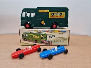 1970s Hong Kong Friction Drive Racing Car Transporter And 2 Cars .Boxed JIMSON - Picture 1 of 14