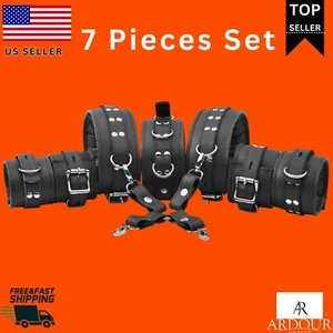 Real Cow Wrist, Ankle, Thigh Cuffs ,Collar Leather Restraint Bondage Set 7 Piece - Picture 1 of 7