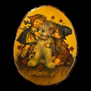 Vintage retro kitschy small wood plaque boy girl big dog Oval wall hangin - Picture 1 of 7